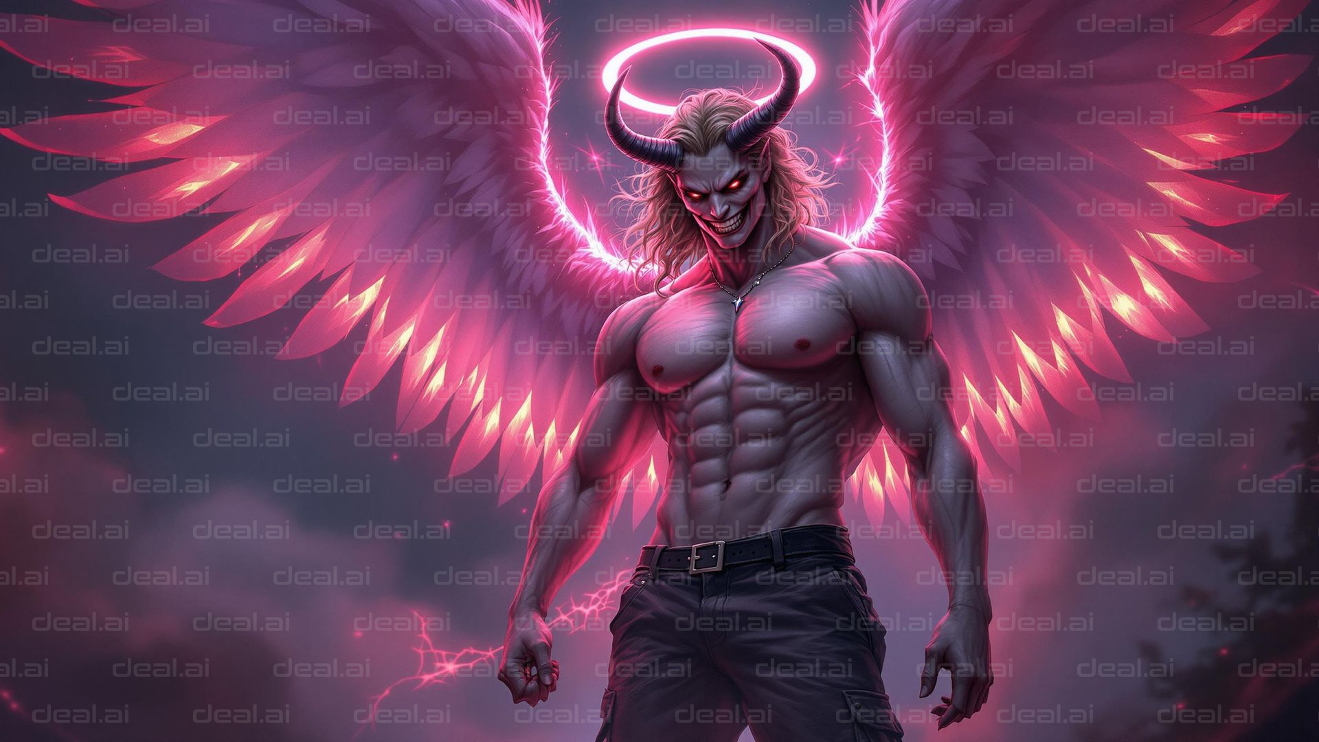 "Angelic Demon in Neon Aura"