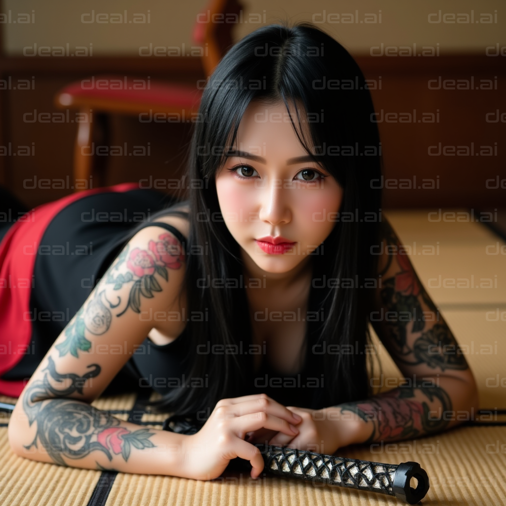 Tattooed Samurai Woman on Tatami