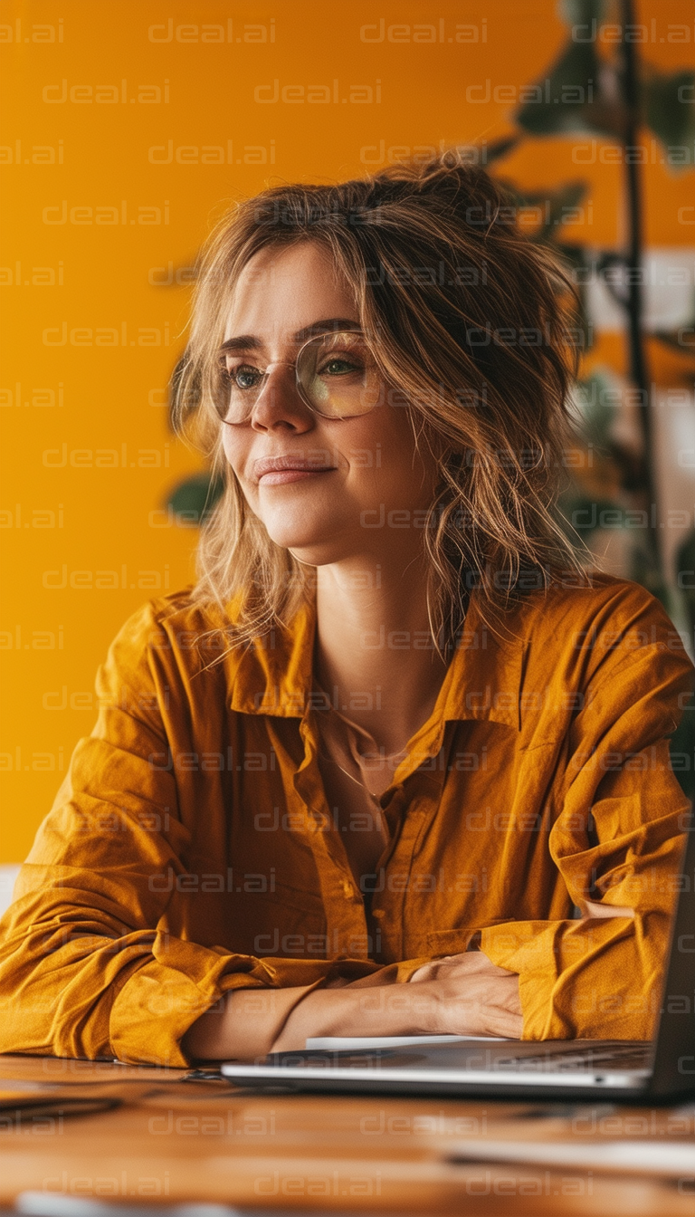 "Thoughtful Woman in Yellow Office Setting"