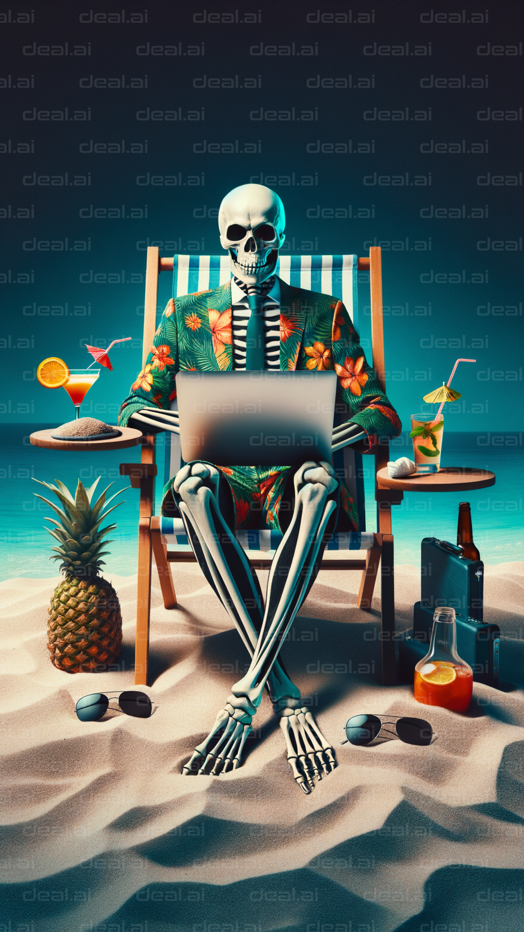 "Skeleton Enjoys a Beach Day with Laptop"