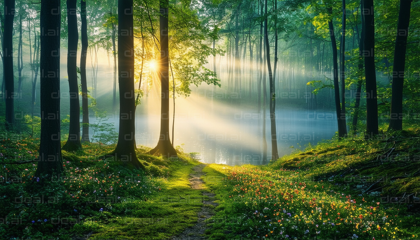 "Sunlight Through the Forest Path"