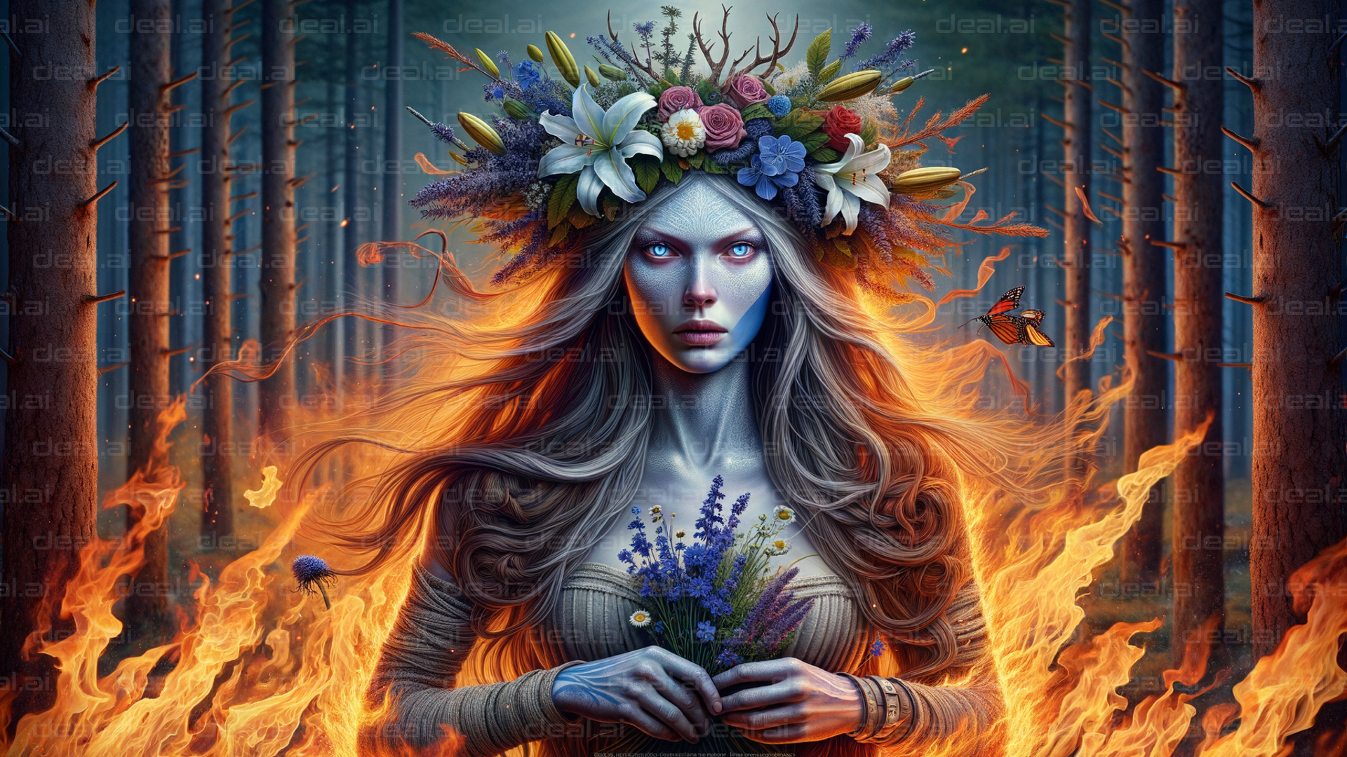 "Forest Maiden Amidst Flames"