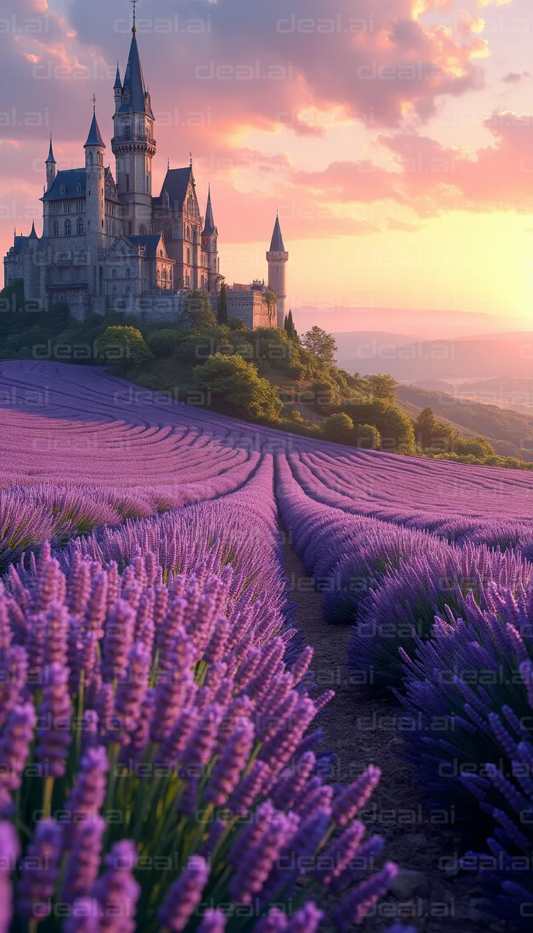 "Castle Overlooking Lavender Fields at Dusk"