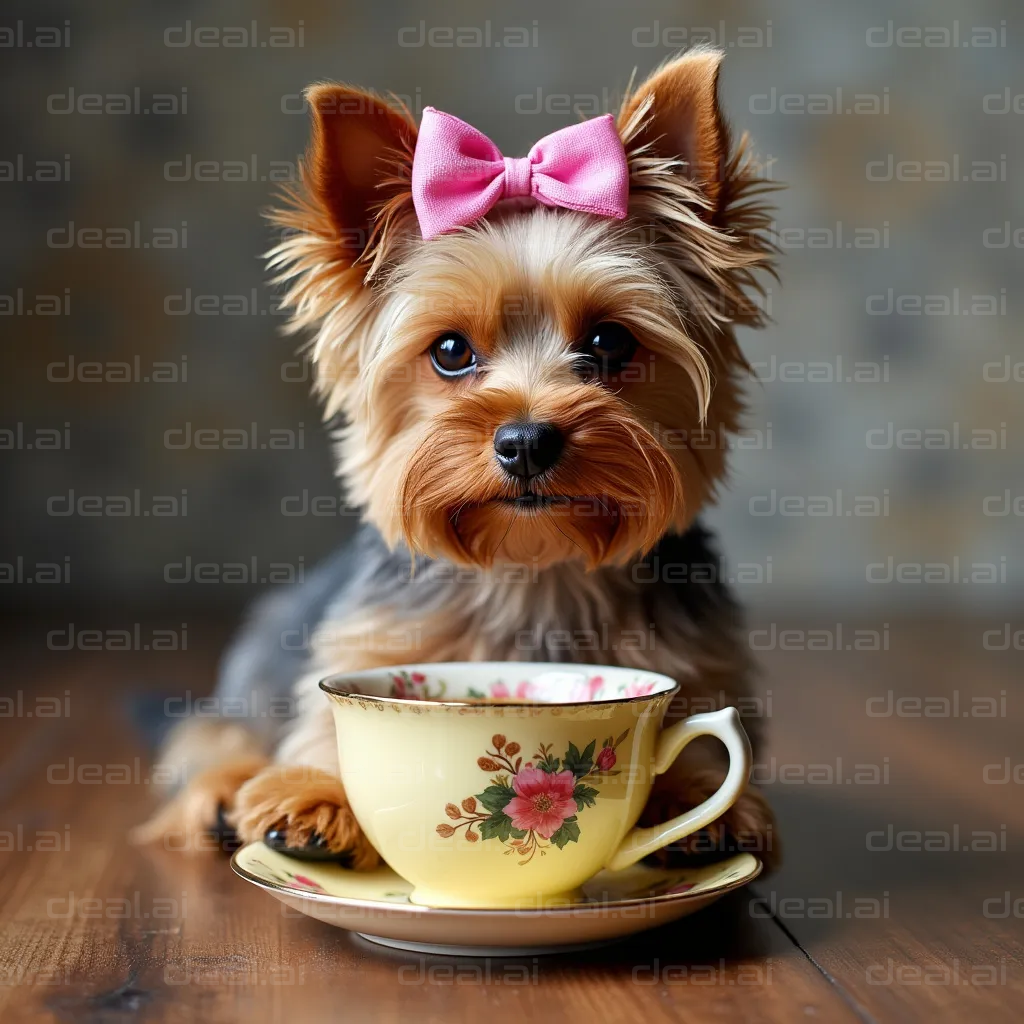 Yorkie With Pink Bow and Cute Teacup