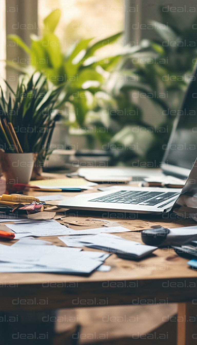 "Cozy Office Desk with Plants"