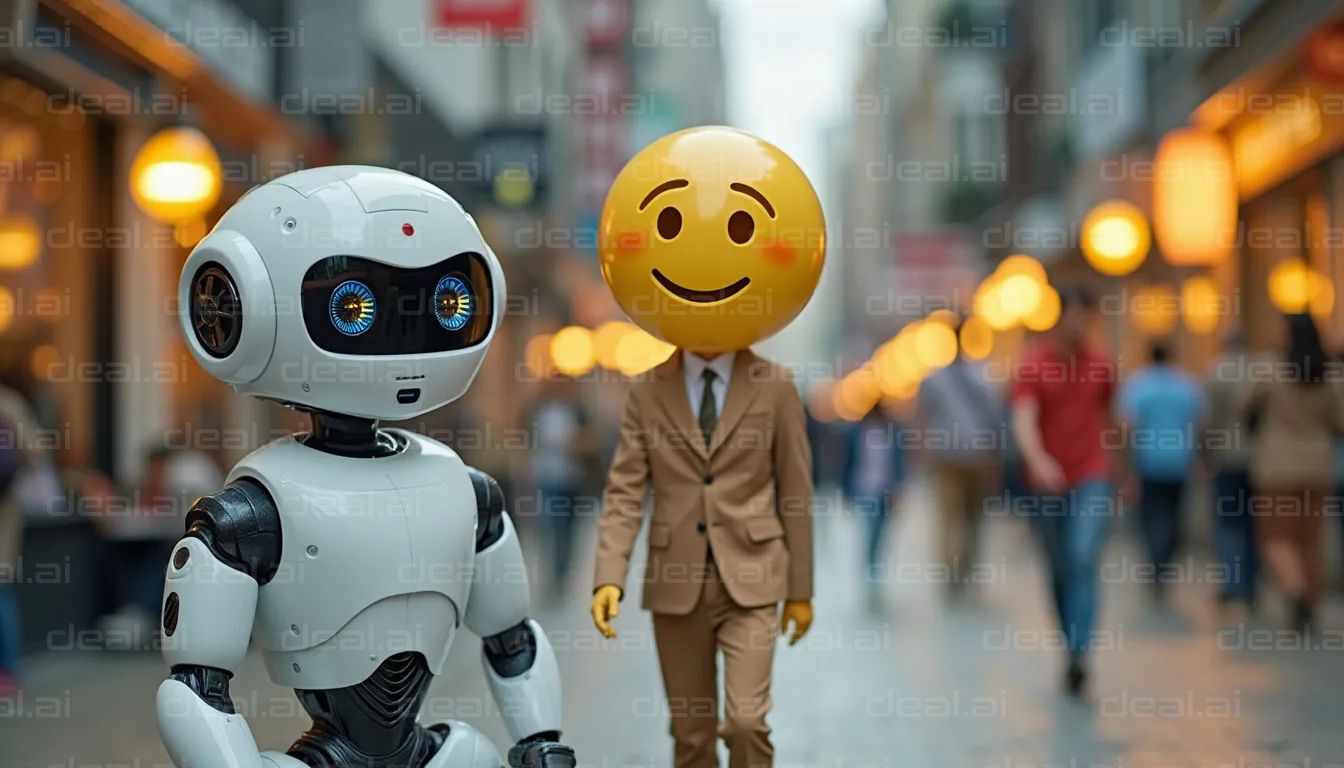 Robot and Emoji Stroll Together
