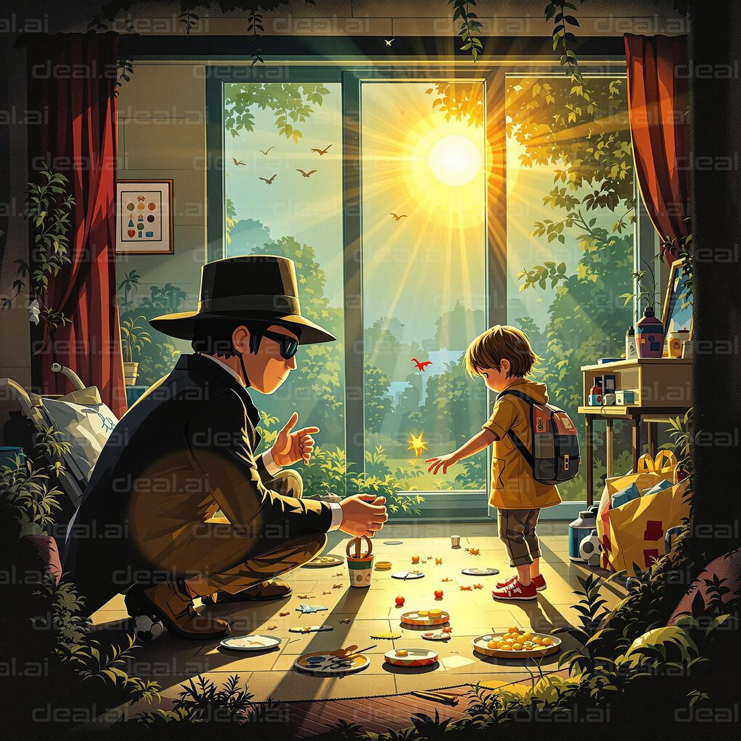 "Mysterious Meeting in Sunlit Room"