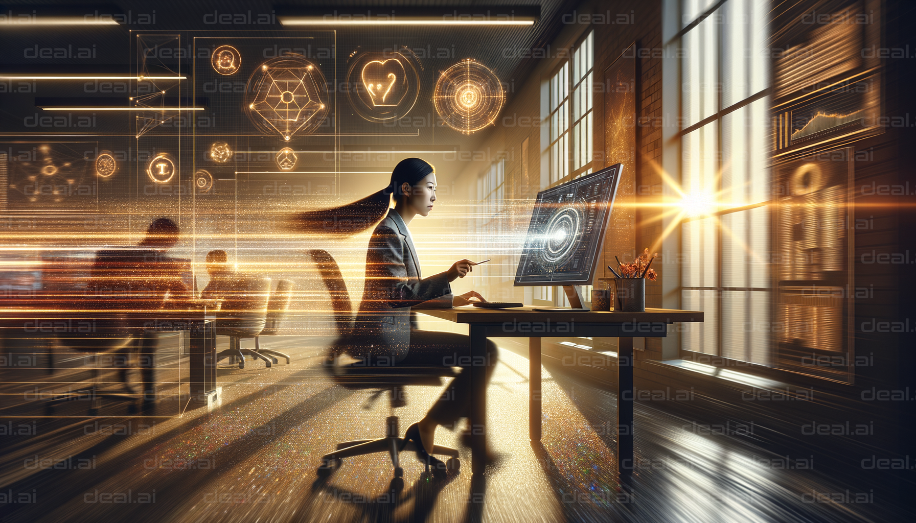 "Futuristic Office: Woman at Interactive Desk"