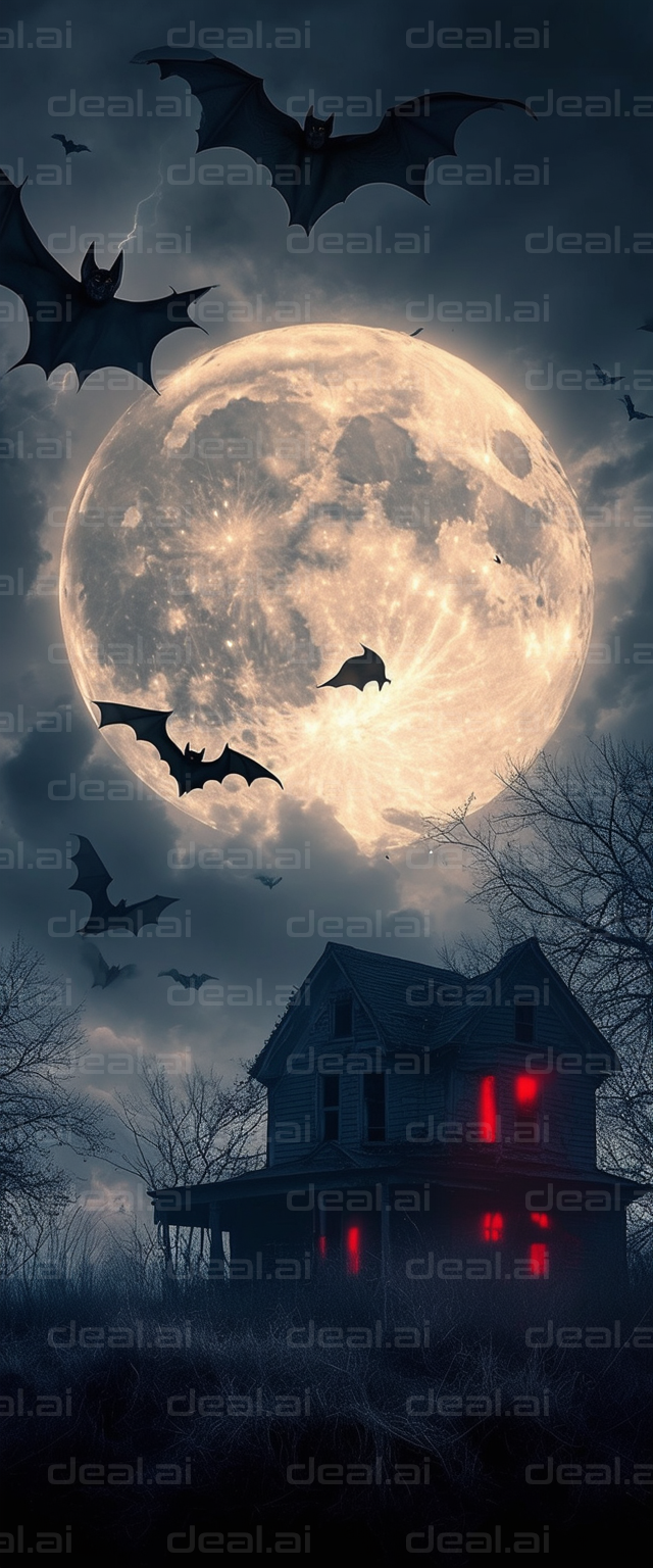 "Bats and Haunted House Under a Full Moon"