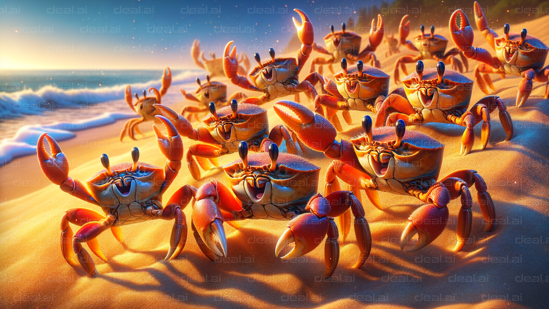 Crabs Celebrating on Sunlit Beach