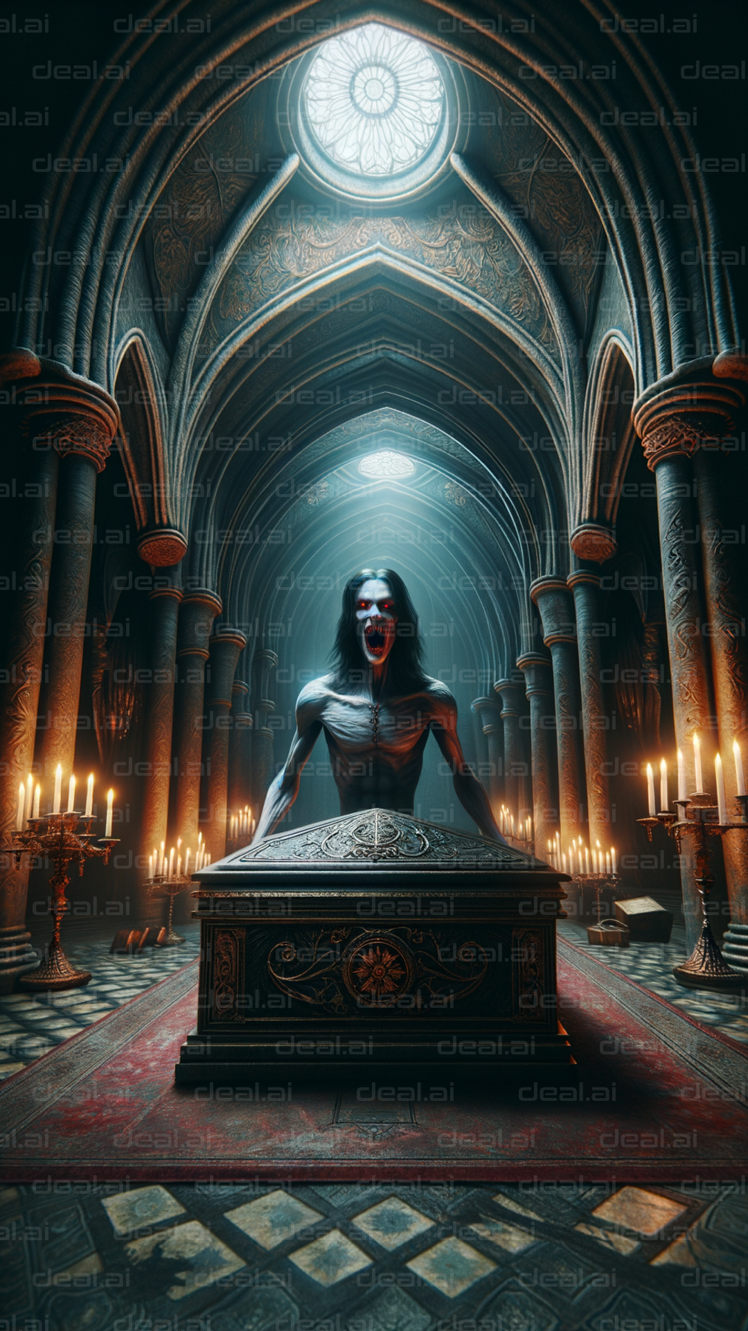 "Vampire Awakens in Gothic Cathedral"