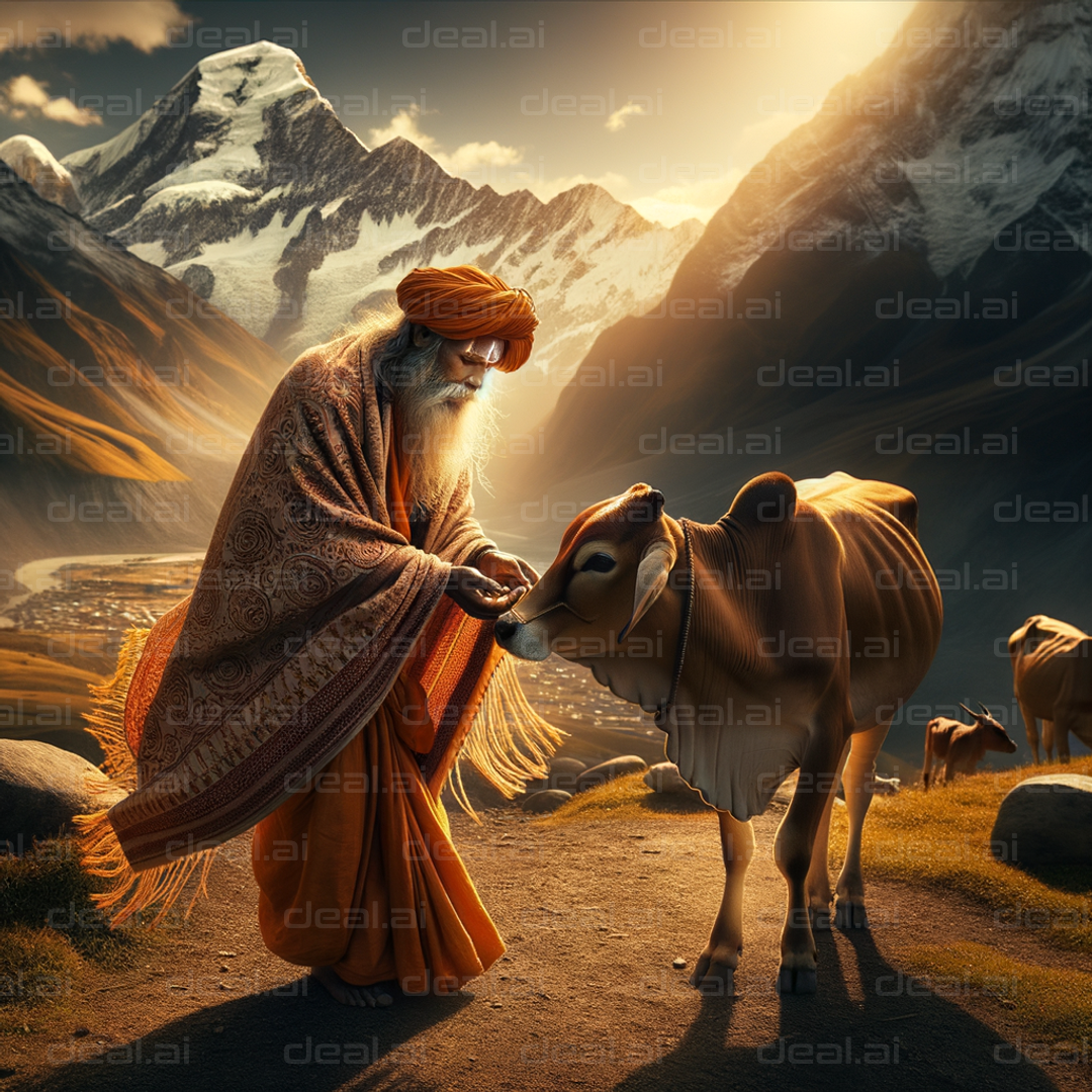 Sage Feeding Cow in Himalayan Sunrise