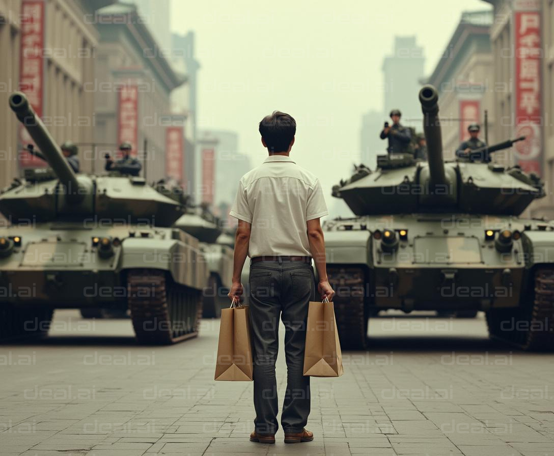 "Peaceful Protest Amidst Tanks"