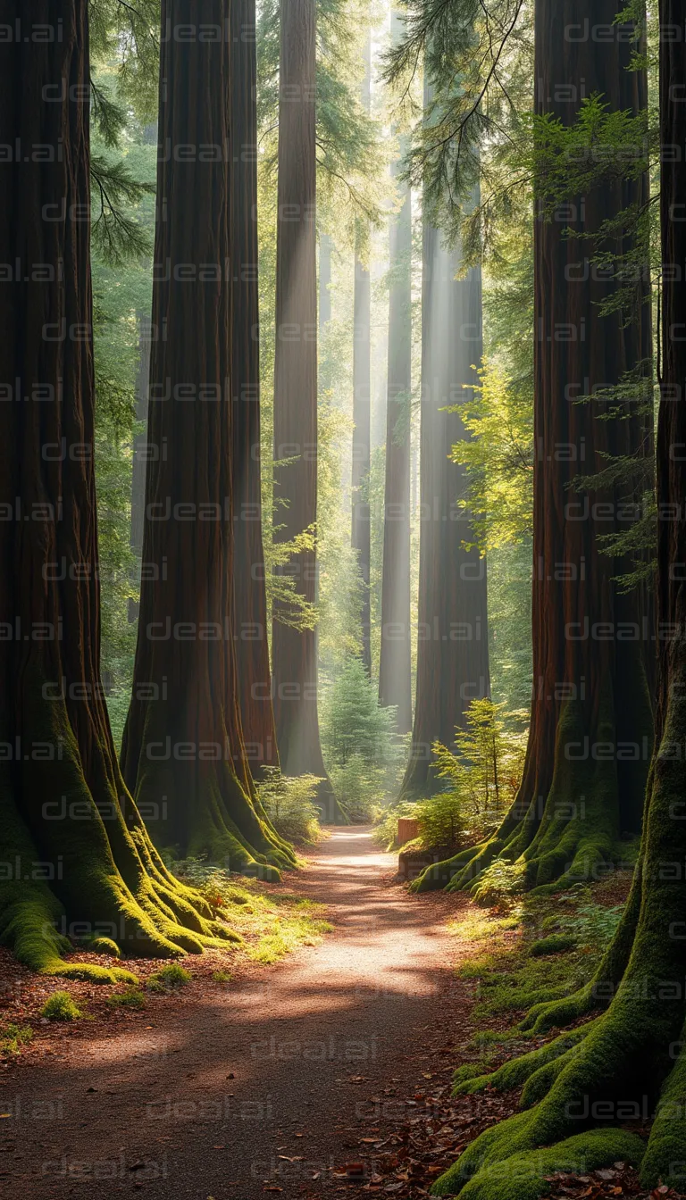 "Sunlit Path Through Majestic Redwoods"