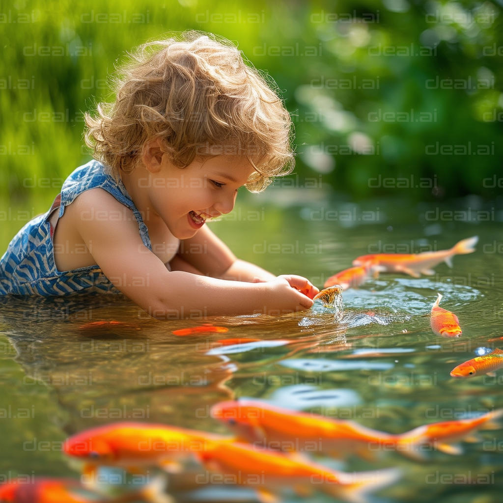 "Joyful Child Playing with Koi Fish"