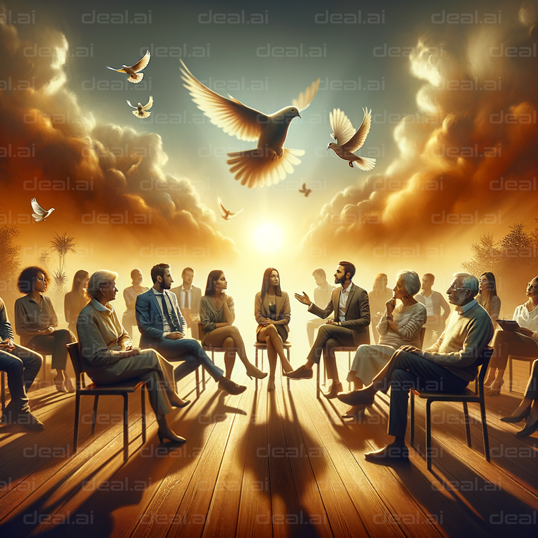 "Group Discussion at Sunset with Doves"