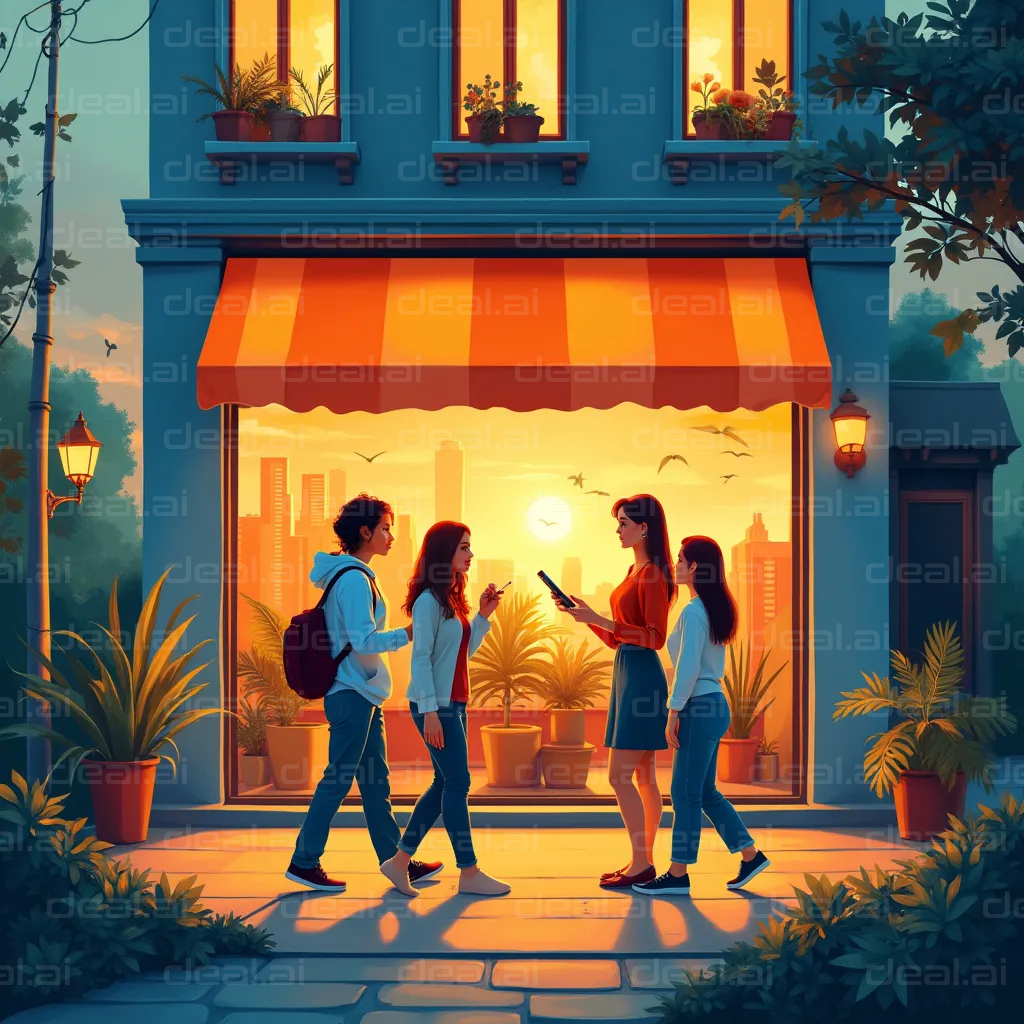 "Evening Chat by the Café"