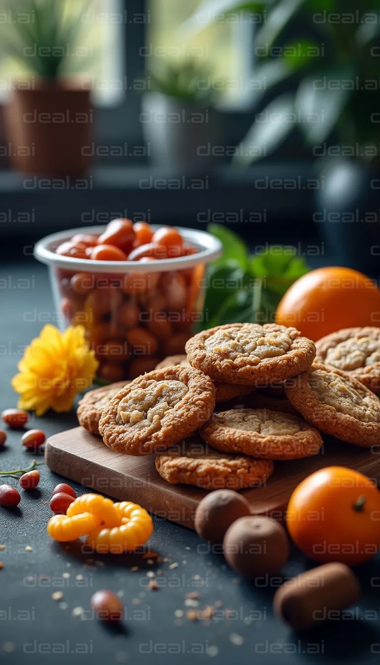 "Freshly Baked Cookies and Fruits"