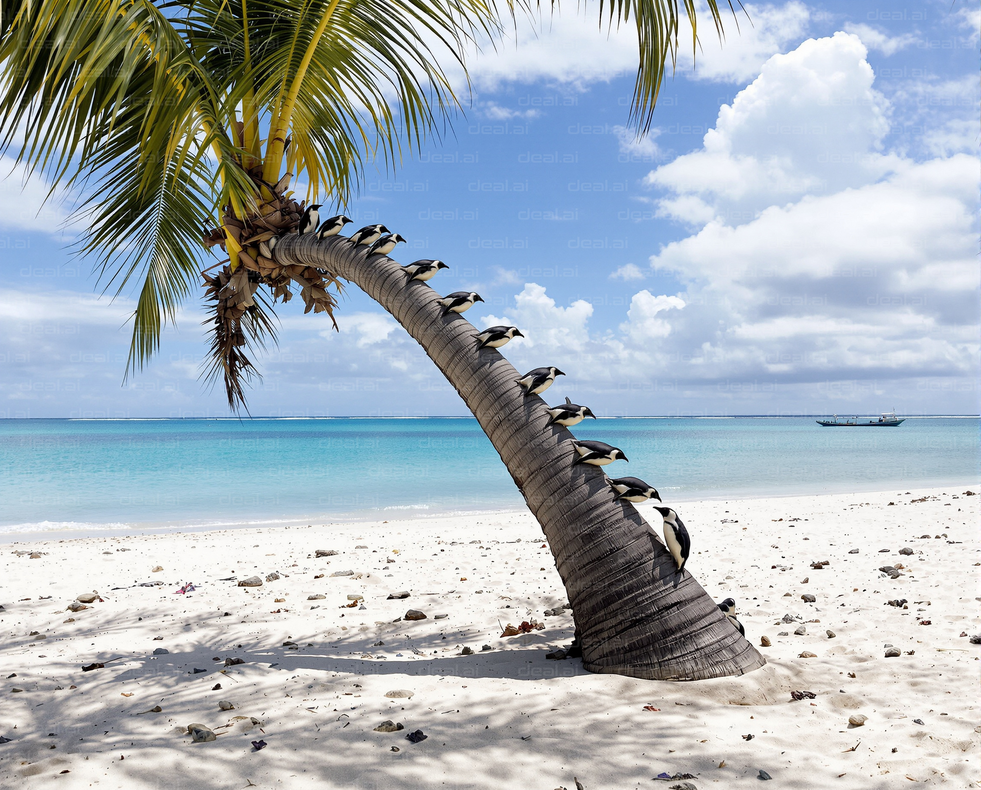 Penguins Relax on Tropical Beach