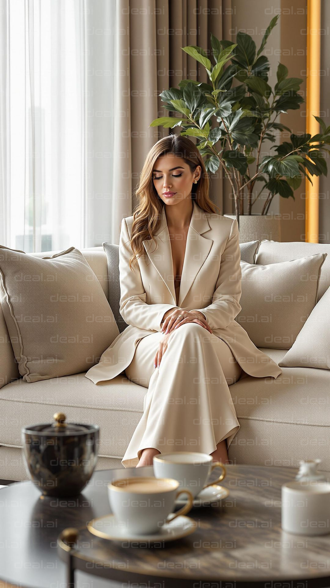 Elegant Woman in Stylish Beige Suit