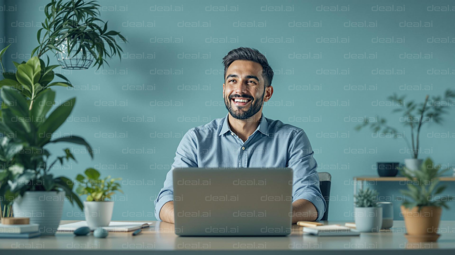Smiling Man at Work Desk with Plants