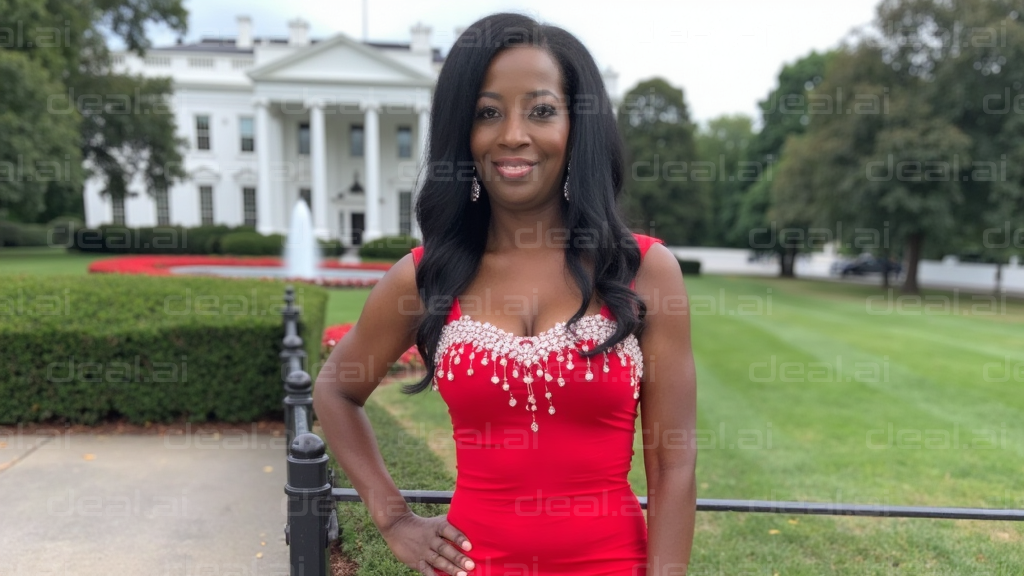 Elegant Woman in Red Dress by White House