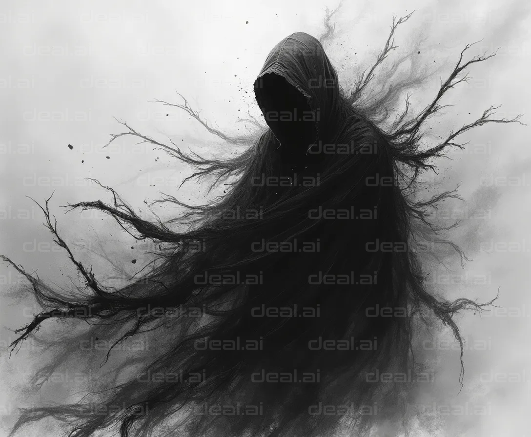 "Shadowy Hooded Figure Emanating Darkness"