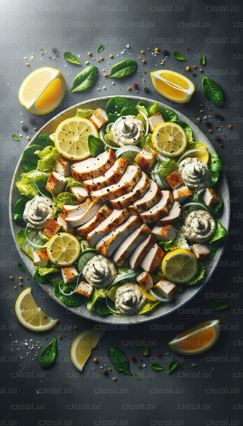 "Grilled Chicken Salad with Lemon Slices"