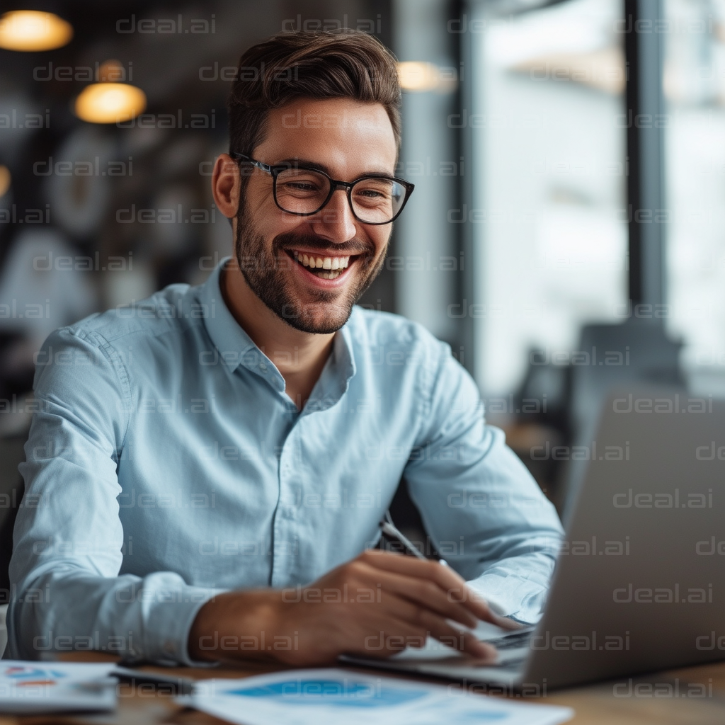 Happy Man Working on Laptop