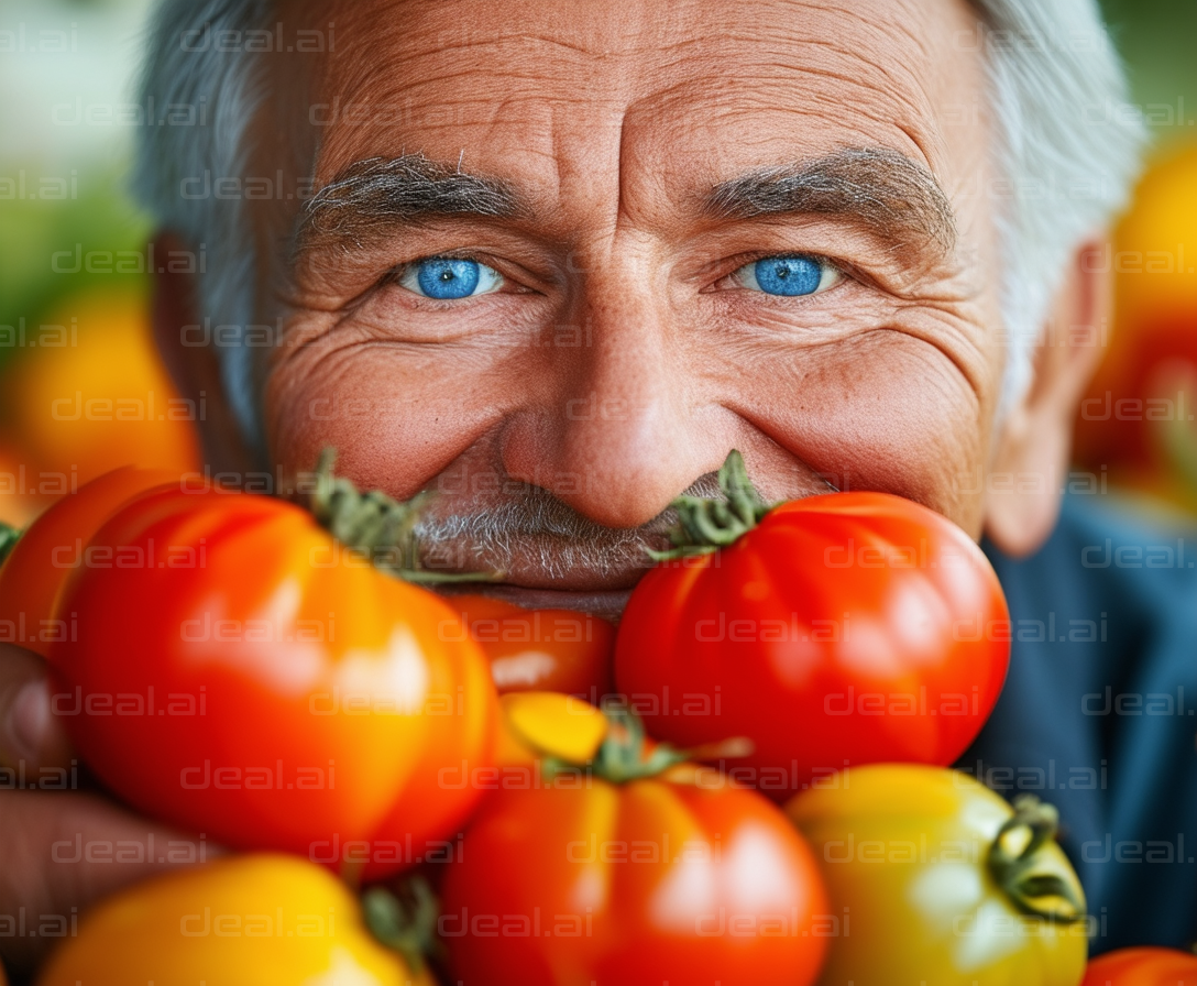 Joyful Farmer with Fresh Tomatoes