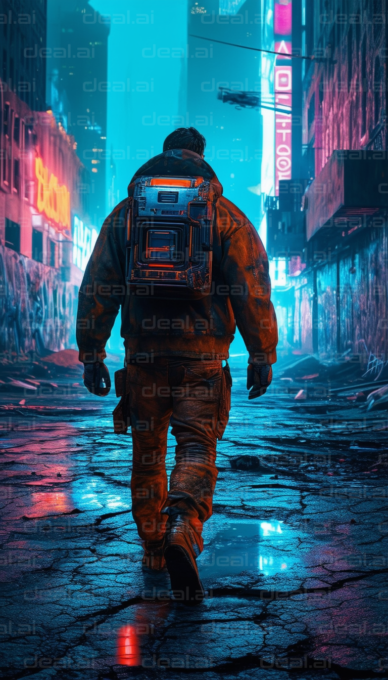 "Cyberpunk Wanderer in Neon City"