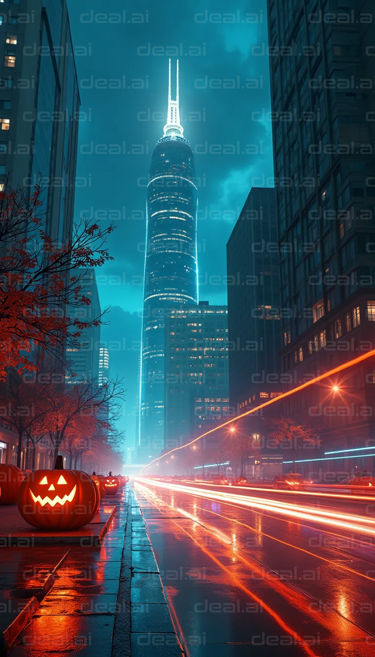 "Neon Cityscape with Halloween Pumpkins"