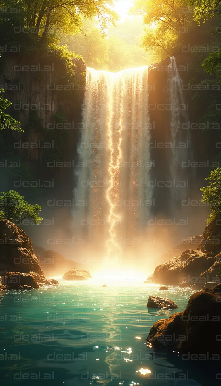 "Golden Waterfall in Sunlit Forest"