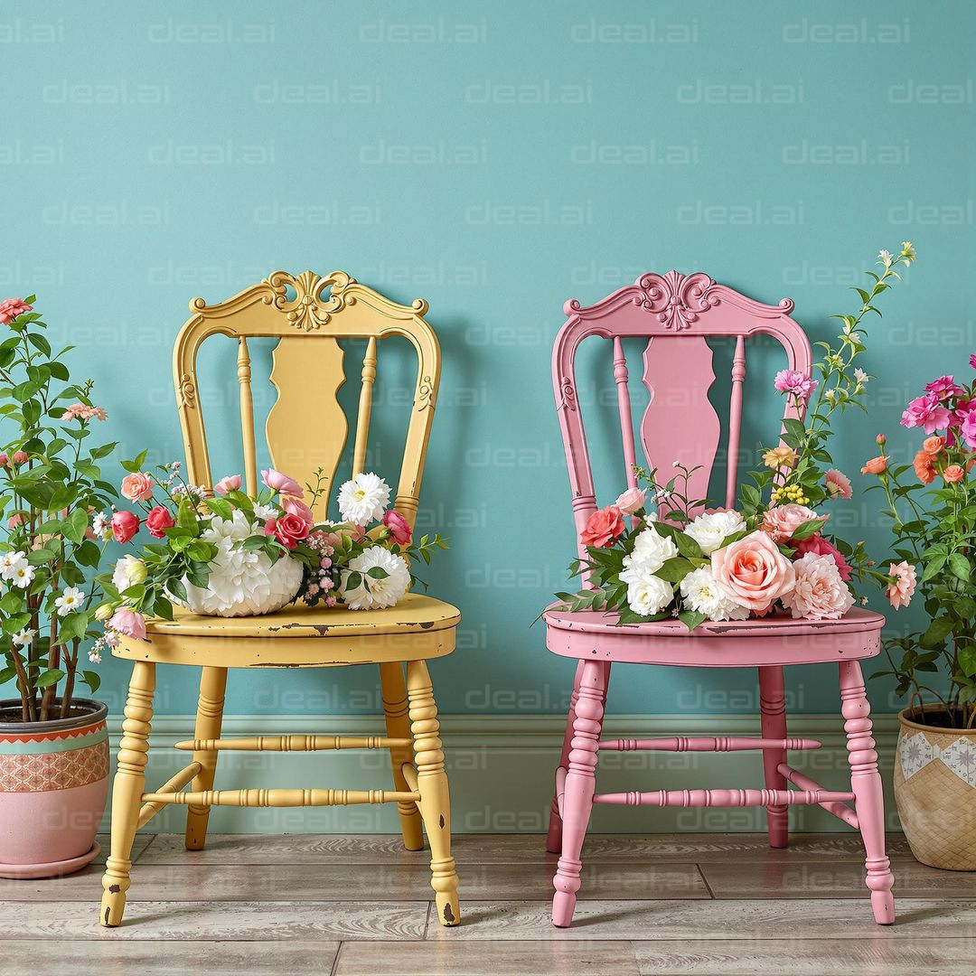 "Colorful Chairs with Floral Display"