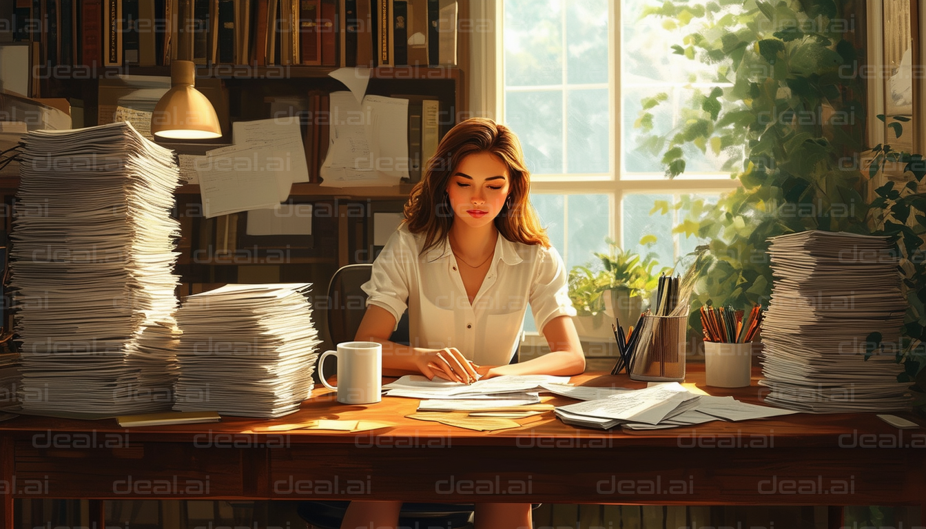 "Focused Work Amid Piles of Paperwork"