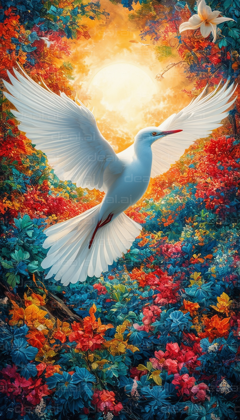 "White Dove Amidst Vibrant Flora"