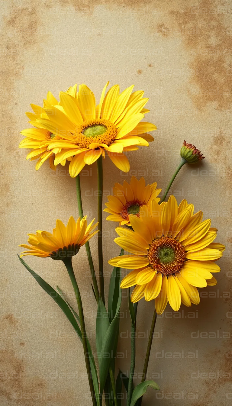 "Bright Yellow Daisies Against Rustic Wall"