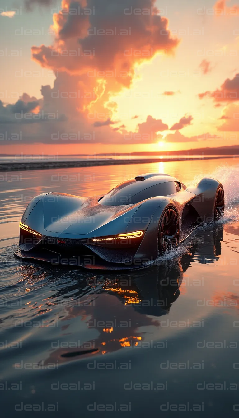 Futuristic Car Gliding at Sunset