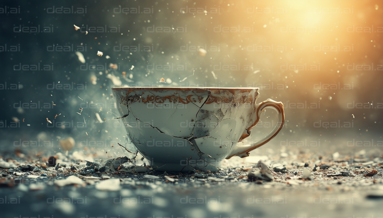 Shattered Teacup in Mid-Air Burst