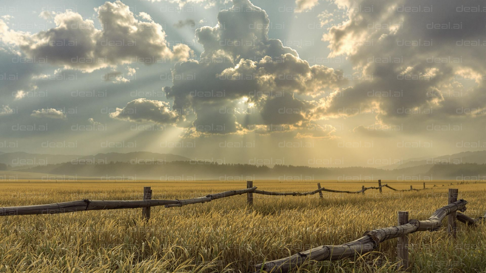 "Sunbeams Over Tranquil Field"