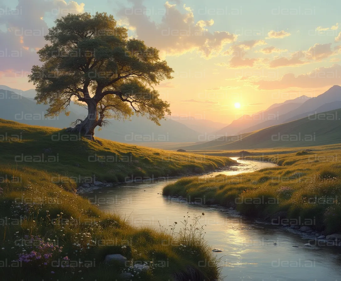 "Sunset Over Serene River Landscape"