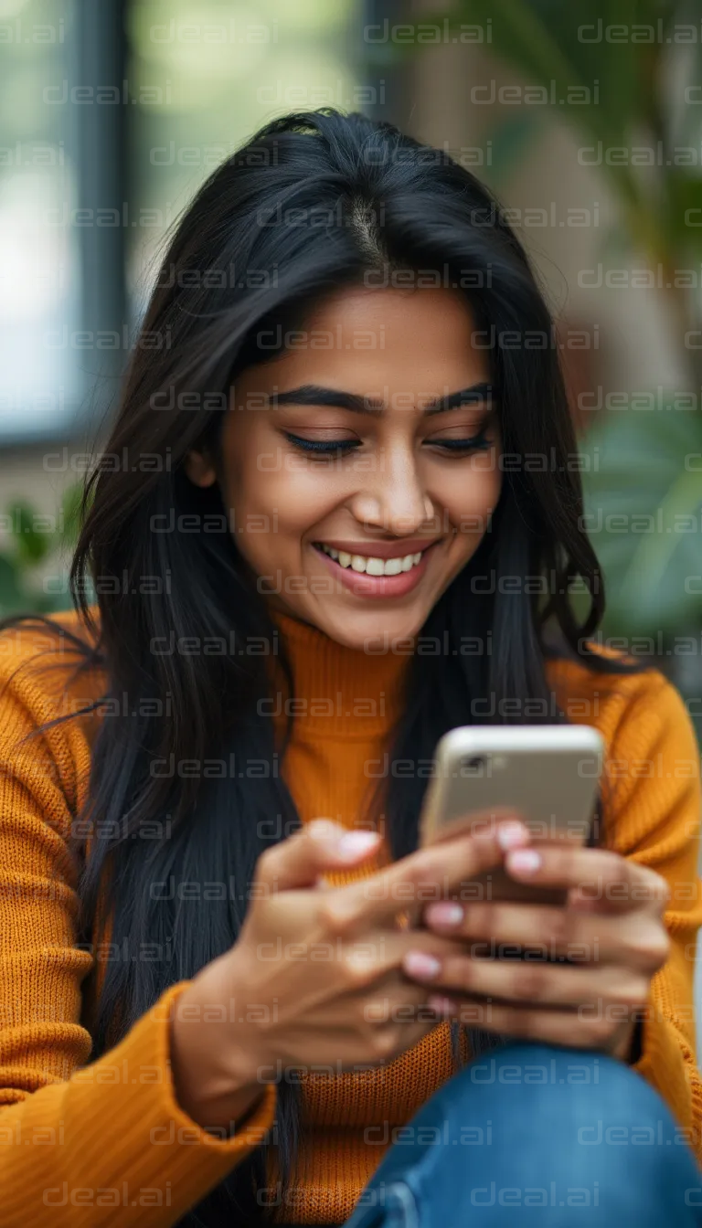 "Smiling Woman Reading on Smartphone"