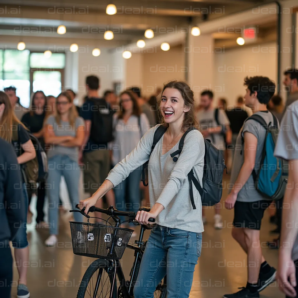 "Happy Student with Bicycle Indoors"