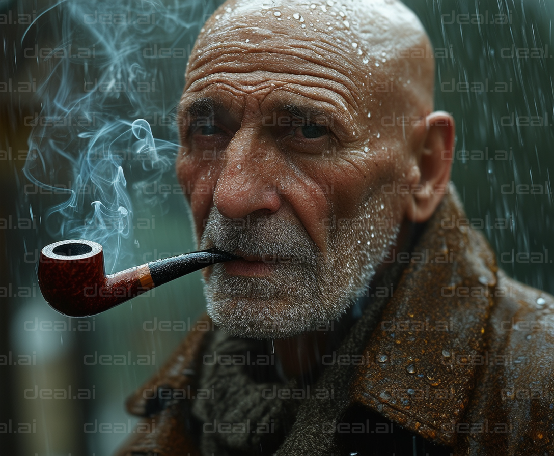 Elderly Man with Pipe in the Rain