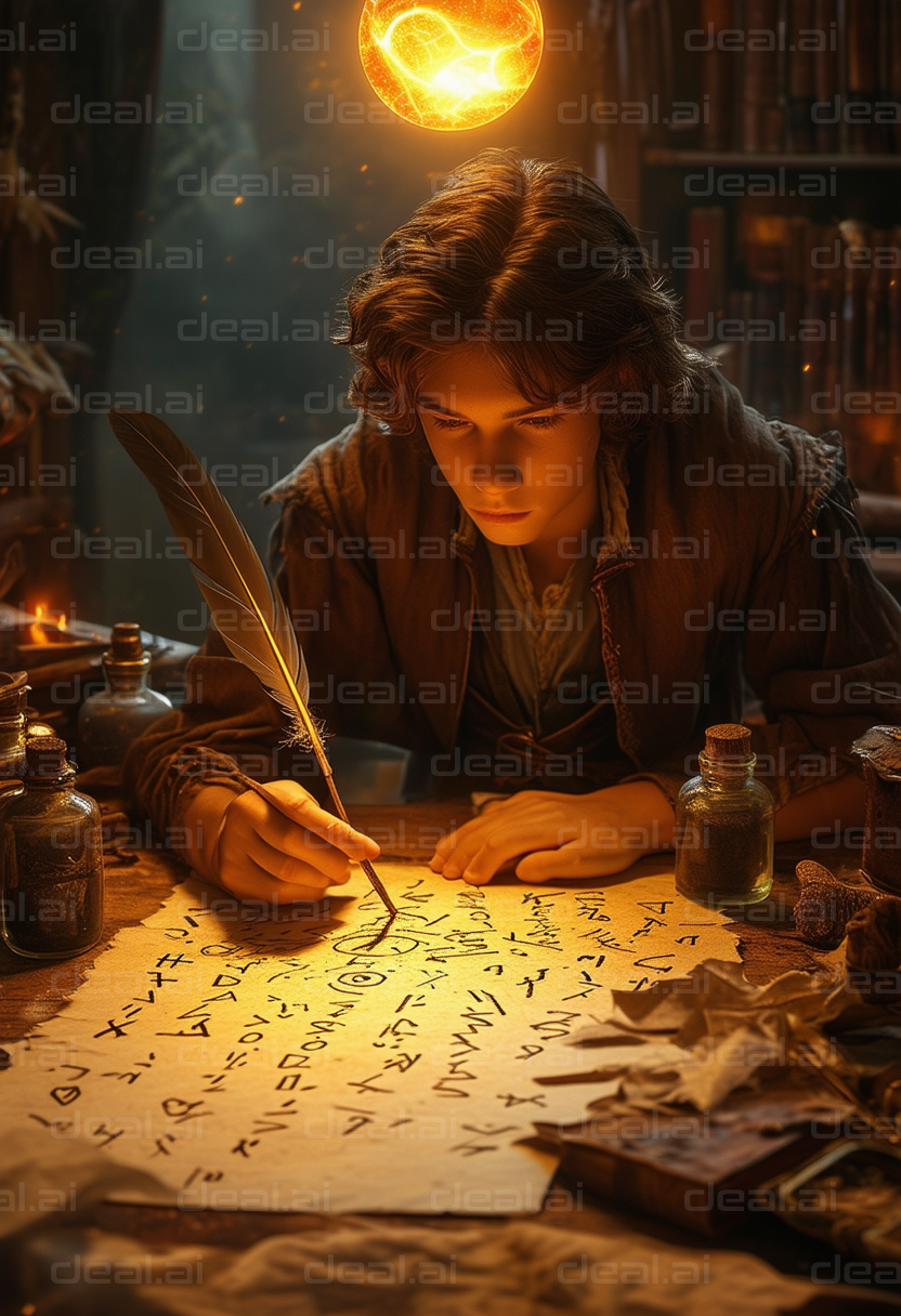 "Young Scribe's Enchanted Manuscript"