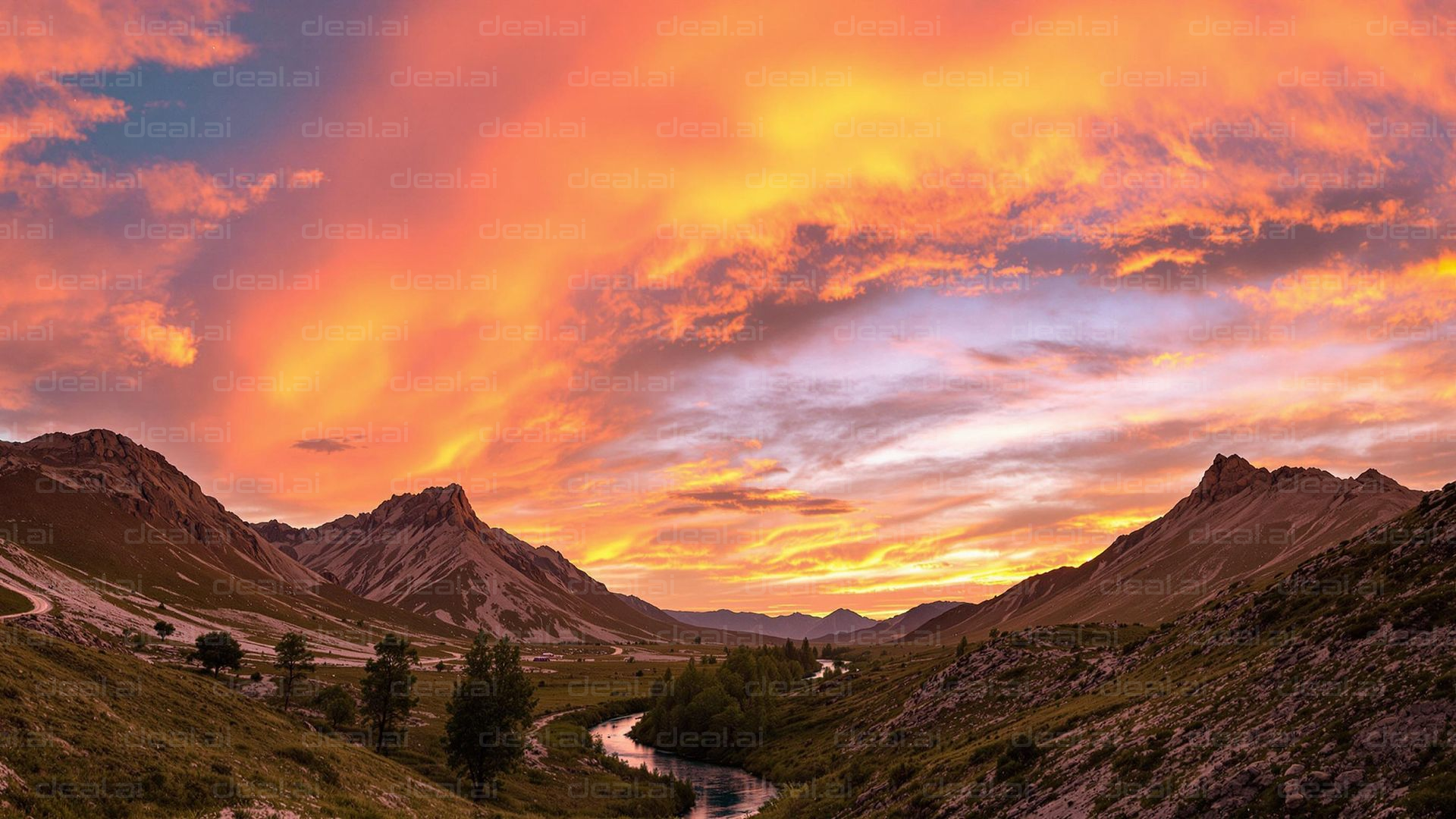 Vivid Sunset Over Serene Mountainscape