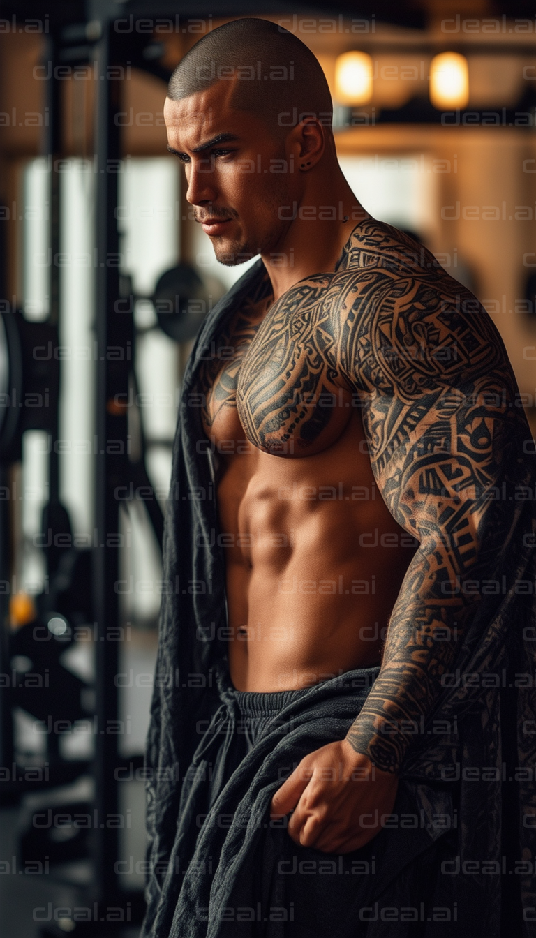 Tattooed Bodybuilder in Gym: Focused Pose