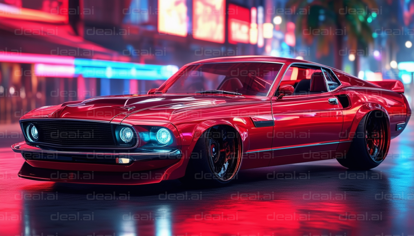 Vibrant Red Sports Car in Neon Cityscape