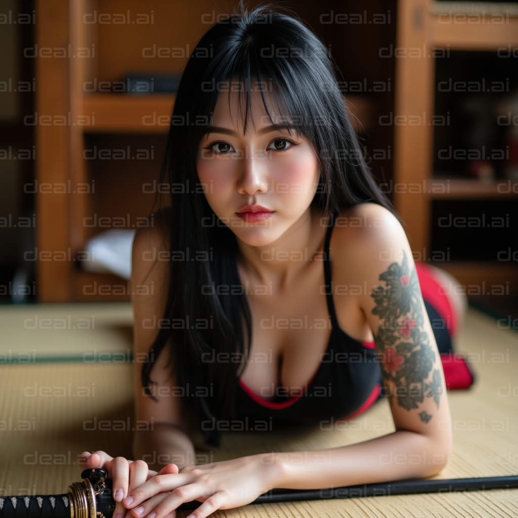 Tattooed Woman with Sword Indoors