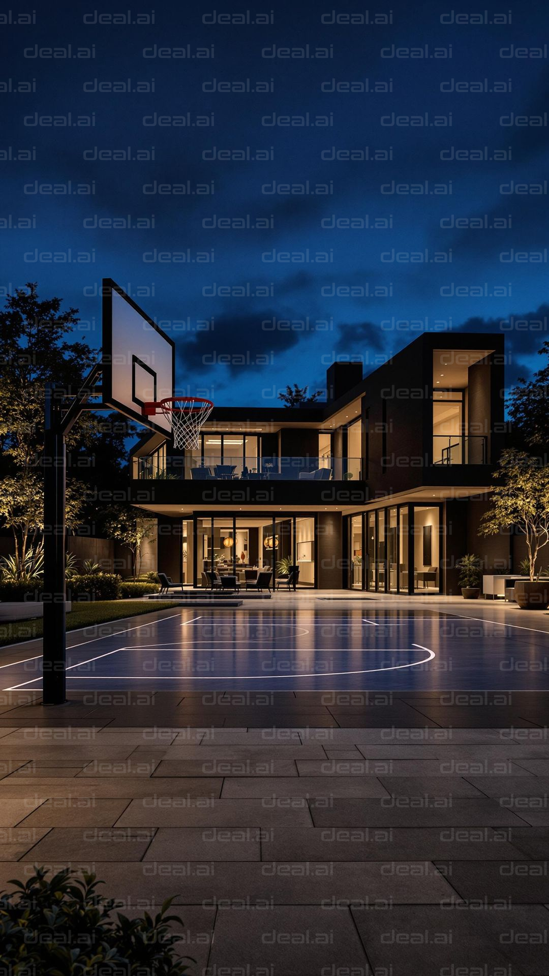 Modern Home with Basketball Court at Night